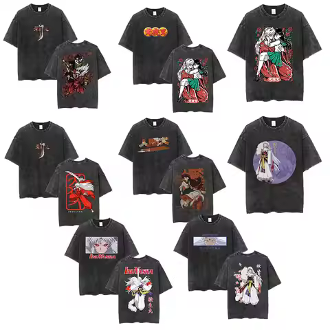 Anime Inuyasha Washed Vintage T Shirt Sesshoumaru Higurashi Kagome T-shirt Men's Cotton Short Sleeve