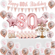 43Pcs Rose Gold Cheers 80th Birthday Party Balloon Set,Number Balloons,Cake Toppers,Banner, Optional