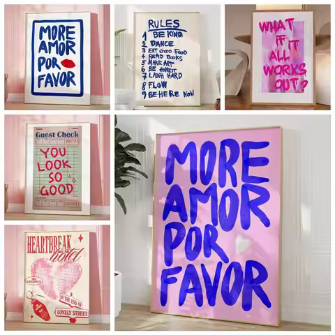 Maximalist More Amor Por Favor Colorful Eclectic Pink Love Quote Wall Art Canvas Painting Poster For