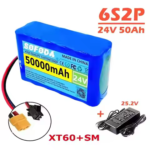 24V 50Ah 18650 Lithium Battery Pack - 6S2P 50000mAh Rechargeable Li-ion Battery with Fast Charger, S