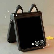 Cute 3D Cat Ear Black Phone Case, Compatible With Samsung Galaxy Z Flip7 Z Flip 6 5 Z Flip4 3 5G, Sh