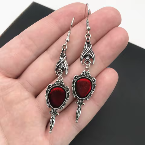 Vintage Vampire Bat Magic Mirror Drop Earrings Gothic Punk Dangling Grunge Goblincore Emo Accessorie