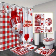 1/3/4 Pcs Set Red Snowman Bathroom Decor Set, Includes Shower Curtain, Non-Slip Rug, Christmas Bathr