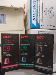 $100／4盒，$300／13盒，UCC 咖啡工匠系列鋁製膠囊咖啡，共有三種不同風味。濃縮馥緹 (Espresso Forte) 9度：紫色包裝，屬於中度烘焙，帶有穀物風味。長杯馥緹 (Lungo F