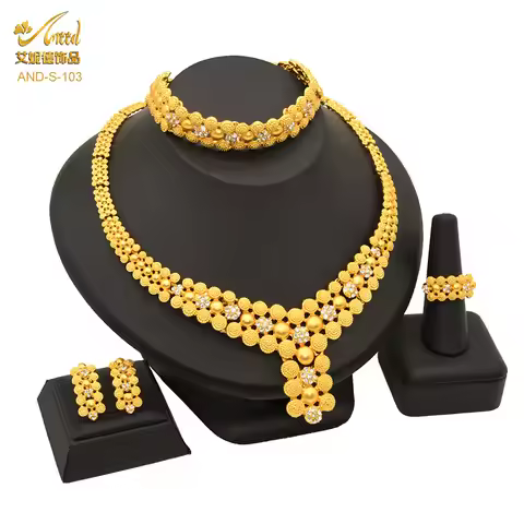 24K Gold AU999 Diamond-Studded Floral Elegant Necklace Bracelet Earrings Ring 4-Piece Set Women - Pr
