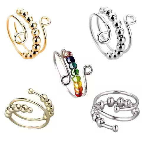 Bohemian Rainbow Beads Anxiety Ring Rotate Freely Anti Stress Fidget Spinner Rings For Women Girls F