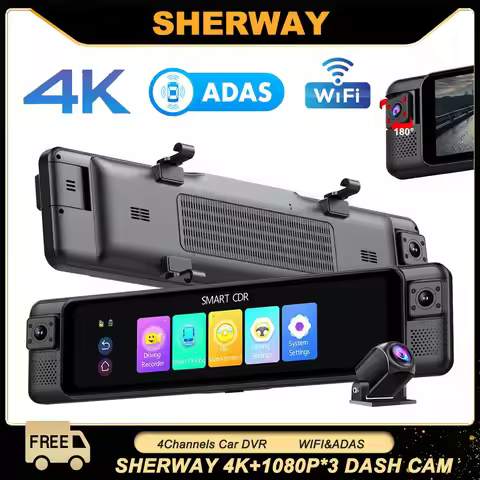 12 Inch Car DVR 4K Touch Screen Video Recorder 4 Channel ADAS Dash Cam Rearview Mirror Front Rear HD