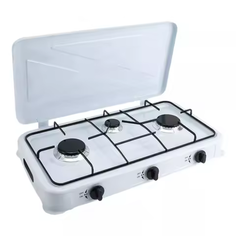 3-Burner Gas Cooktop - White Rectangular Gas Stove with Cast Aluminum & Hose
