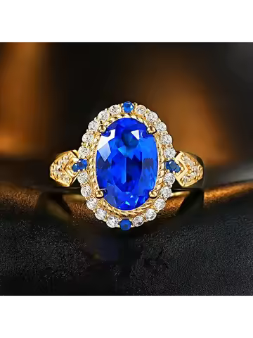Luxury 24K 9999 Pure Gold real gold Women's 8X12mm Oval Blue Moissanite Diamond Ring