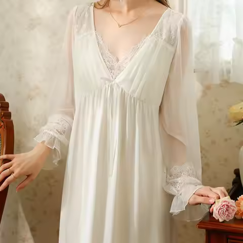 Long Sleeve Fairy Vintage Princess Nightgowns Sleepwear Spring Autumn Cotton Sleepwear Women Lace Sw