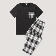 ชุดนอนเสื้อยืดเย็บกระเป๋า ลายสก๊อต และกางเกงขายาวสำหรับวัยรุ่นชาย