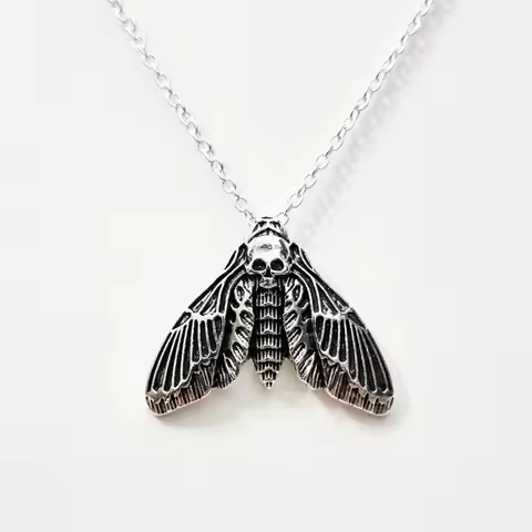 Goth Silver Color Moth Skull Pendant, Skull Necklace, Halloween Necklace,Gothic Skull and Moth Penda