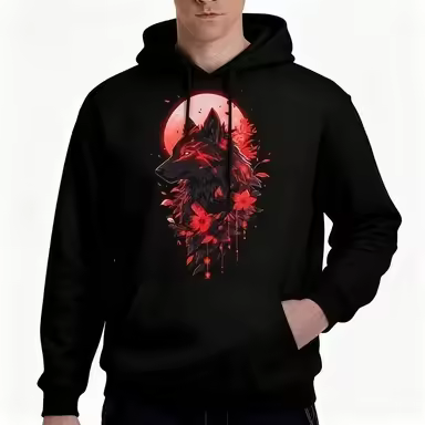 Mystic Wolf Floral Art Hoodie, Red Flower Moon Print Sweatshirt, Wild Nature Graphic Top for Men Wom