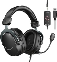 FIFINE Gaming Headset for PC, USB Streaming Headset with 3.5mm Headphones Jack, Detachable Microphone, 7.1 Surround Sound for PS4 PS5, Over-Ear Black Headphone-H9