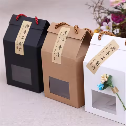 10pcs Black Gift Handle Box Hand Poket with Cover Lid Thick Kraft Window Show Decor Package Box Kraf