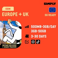 SIMPLY [eSIM] Europe / UK | 3-30 Days | Unlimited | Daily 500MB-3GB | Total 3GB-50GB + Unlimited Dat
