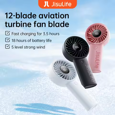 JISULIFE Handheld Fan,5 Levels of Strong Wind,Safety Lock,5000mAh Battery,LED Display,USB Rechargeab