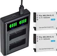 2 Packs EN-EL12 Batteries Dual Charger with Type C Port for Nikon Coolpix A1000 B600 W300 A900 AW100