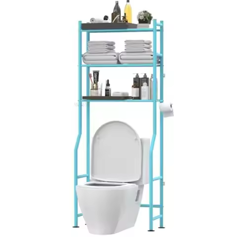 3-Tier Over The Toilet Storage Freestanding Metal Bathroom Shelves with 4 Hooks Over Toilet Storage 