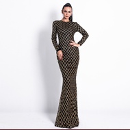 New Formal Black+Gold Sequin Dinner Dress Baju Kurung Party Wedding Maxi Dresses