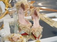 รองเท้า Lolita Handmade Morning Song Original Floral Bride Gold High Heel Shoes รองเท้าผู้หญิงส้นสูง