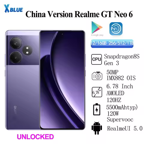 1TB ROM Realme GT Neo 6 sim network Unlocked Snapdragon 8S Gen3 5500mAh 120W Supervooc Rear Camera 5