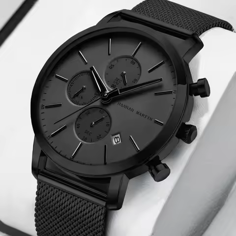 Hannah Martin Multifunctional Sports Men Sports Watch Black Dial Stainless Steel Waterproof Calendar