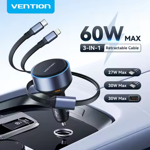 VENTION 60W Car Charger PD Fast Charging with Retractable 70CM Cable USB C Lighting Adapter for iPho