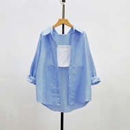 Women's Bigsize shirt SET, long-sleeved striped shirt with elastic ribbed t-shirt - SET (SM49+G118)