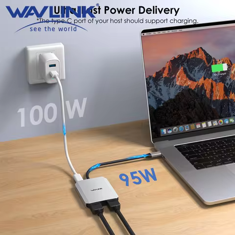 WAVLINK USB C to HDMI Dual Display Adapter Single 8K@30Hz/4K@120Hz Dual 4K@60Hz 3-In-1 with 95W Powe