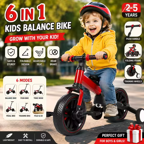 Kids Balance Bike 2-5 Years 6 in 1 Folding Push Bicycle with Training Wheels Pedals Brakes Kickstand