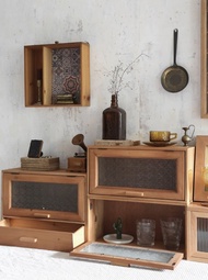 古早海棠玻璃 麵包拉手 復古原木儲物櫃 防塵玻璃收納箱