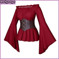 Women Top with Corset Medieval Pirate Off Shoulder Irregular Flared Sleeves Blouse Petal Hem Festiva