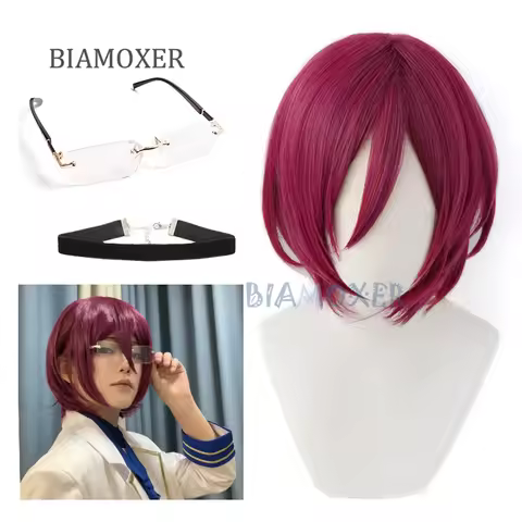 Saegusa Ibara Cosplay wigs Ensemble Stars Short wine Red Mixed Wigs Heat Resistant Synthetic Hair Co