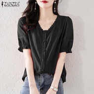 Esolo ZANZEA เสื้อคอวีแขนสีทึบพองผู้หญิงสไตล์เกาหลีเสื้อลูกไม้แต่งขอบแบบลำลอง