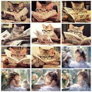 ภาพตกแต่งภาพวาดโดยตัวเลขการวาดภาพด้วยมือผ้าใบวาดภาพ Mr. Cat อ่านหนังสือพิมพ์รูปภาพของขวัญที่ไม่เหมือ