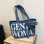 Large Capacity Denim Canvas Bag Female GW Rose Letter Tote Bag New Style Outing Portable One-Shoulde