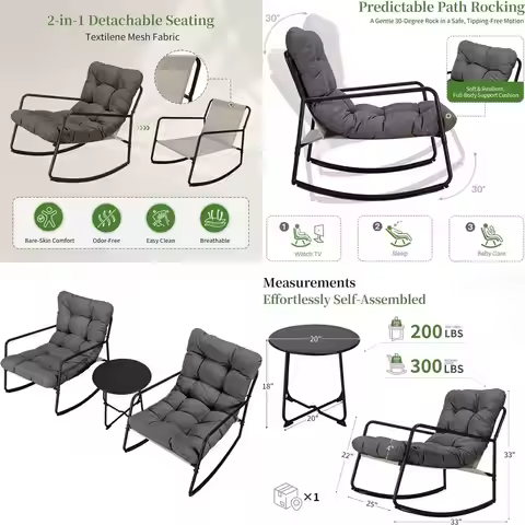 3-Piece Outdoor Rocking Chair Set with Side Table, Comy Papasan Patio Lounge Chair, Metal Patio Bist