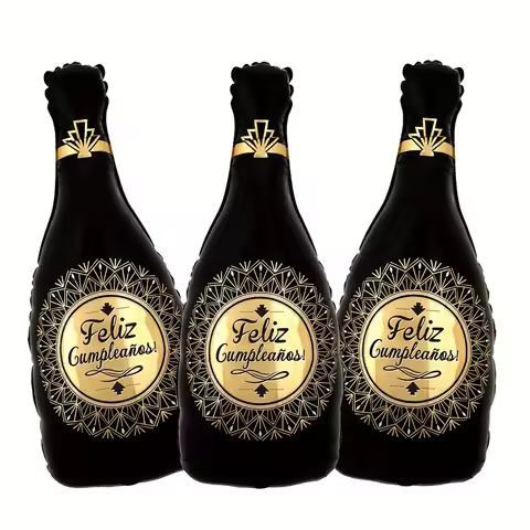 3/6 Pack, 28inch Elegant Black and Gold Spanish-Language "Birthday Bottle" Aluminum Foil Balloons, f