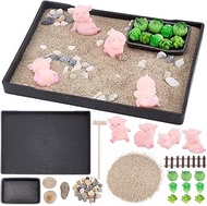 WEBEEDY Zen Garden Kit for Desk,Pig Theme Japanese Zen Sand Garden Box Decor Set with Tray,Sand,Tool