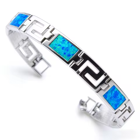 Greek Key Opal Bracelet, Silver Color Chain with Iridescent Blue Synthetic Opals, Elegant Resort Wea