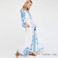 ชุดเดรสยาวปานกลาง F-Home Embroidery Hollow White Vacation Loose Wide Sleeve V-neck Fashion Skirt เสื