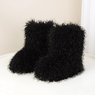 Y2K Furry Boots 2025 New Winter Womens Cotton Shoes Thick Bottom Fluffy Fleece Lined Extra Thick Out