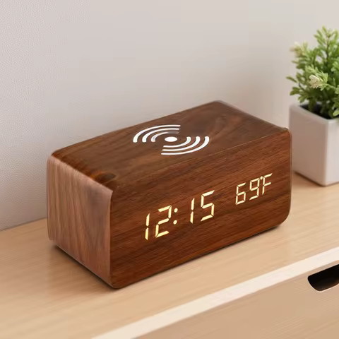 Wooden Digital Alarm Clock with Wireless Charging LED Clock with Time Date Temperature Desk Clocks f