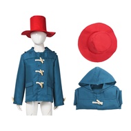 Kids Paddington Bear Cosplay Costume Blue Duffle Coat with Red Hat for Halloween