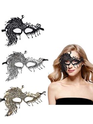 女士化妝舞會面具三件套，孔雀羽毛蕾絲威尼斯面具，適合嘉年華化裝舞會，柔軟的黑色/金色/銀色面具，是成人派對慶祝的理想選擇