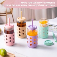 16oz Glass Straw Cup 4pcs Water Cup with Lid Coffee Cup Gift Box Packaging