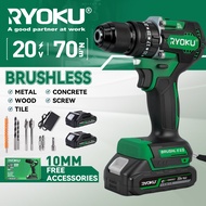 RYOKU สว่า นดอกสว่า นไร้สาย 20 V 10 มิลลิเมตรดอกสว่า นเจาะไม้ไฟไร้แปรงมอเตอร์ทองแดงทั้งหมด 2 ก้อนเคร