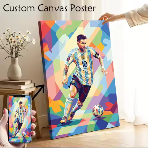 Lionel Messi in Argentina Jersey Canvas Poster Customizable Printed Canvas Painting Wall Art for Fan