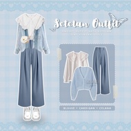 Kuki Outfit - One Set 3in1 PREMIUM (Coquette Blouse, Knitted Cardigan, Pants) Casual Top - KK36